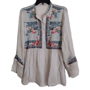 Johnny Was silver mist Makaela sheer embroidered tunic size small